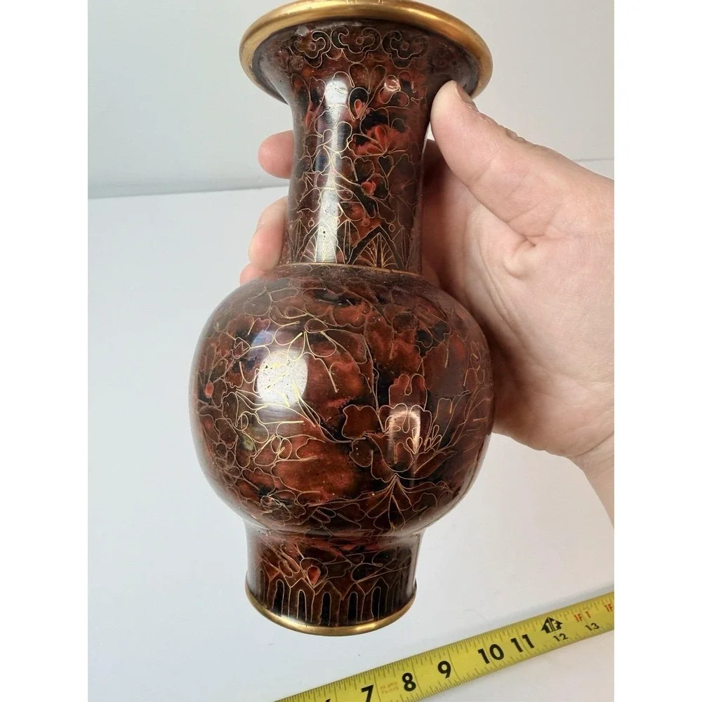 Cloisonne Chinese Floral Design‎ Decor Enamel Brass Vase 6.5